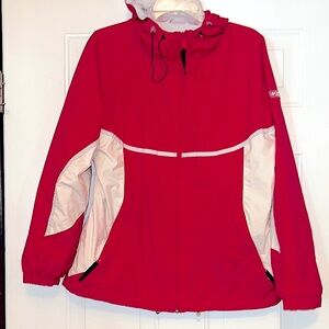 Columbia Women’s XL Packable Hooded Jacket, Full Zip, Red & White, Lightweight